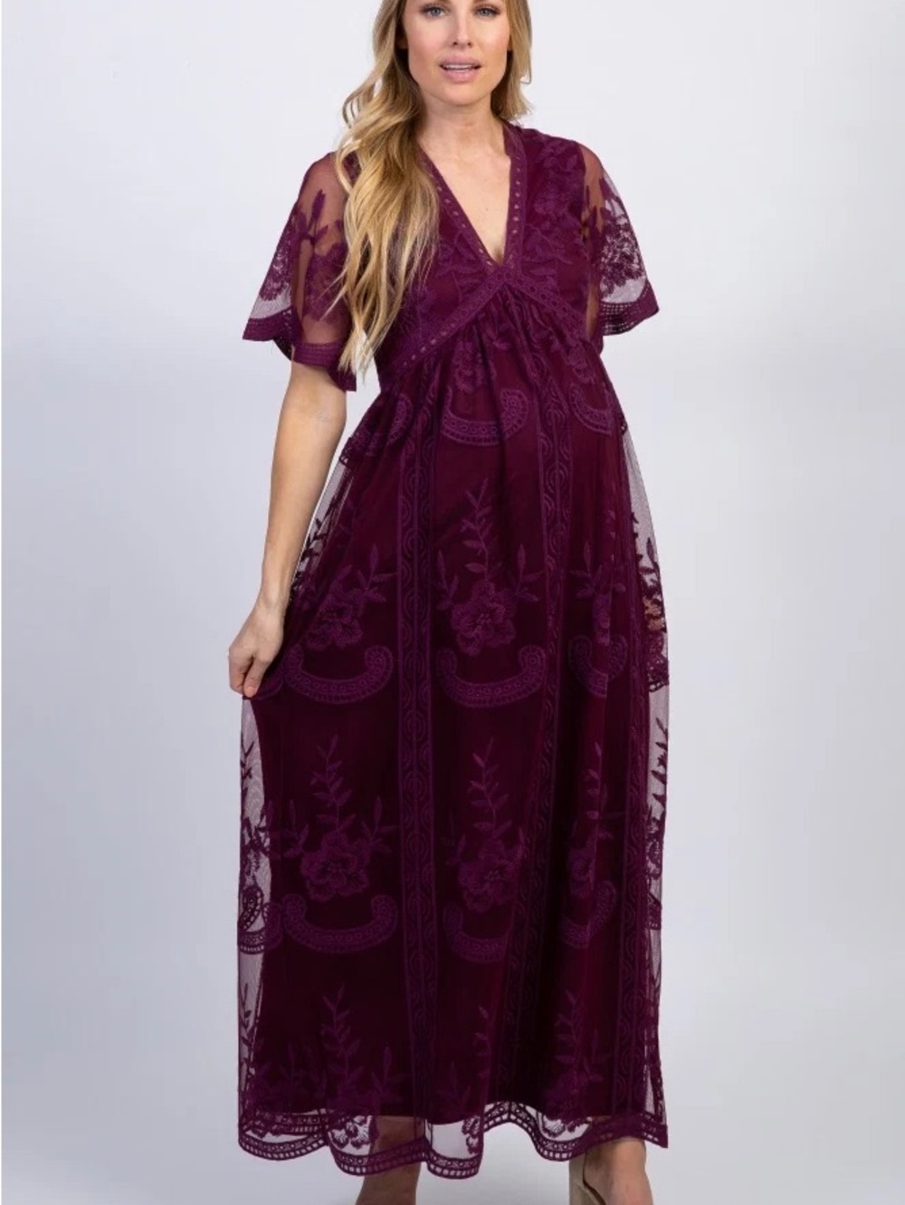 Embroidered V-Neck Maxi Dress in Deep Plum